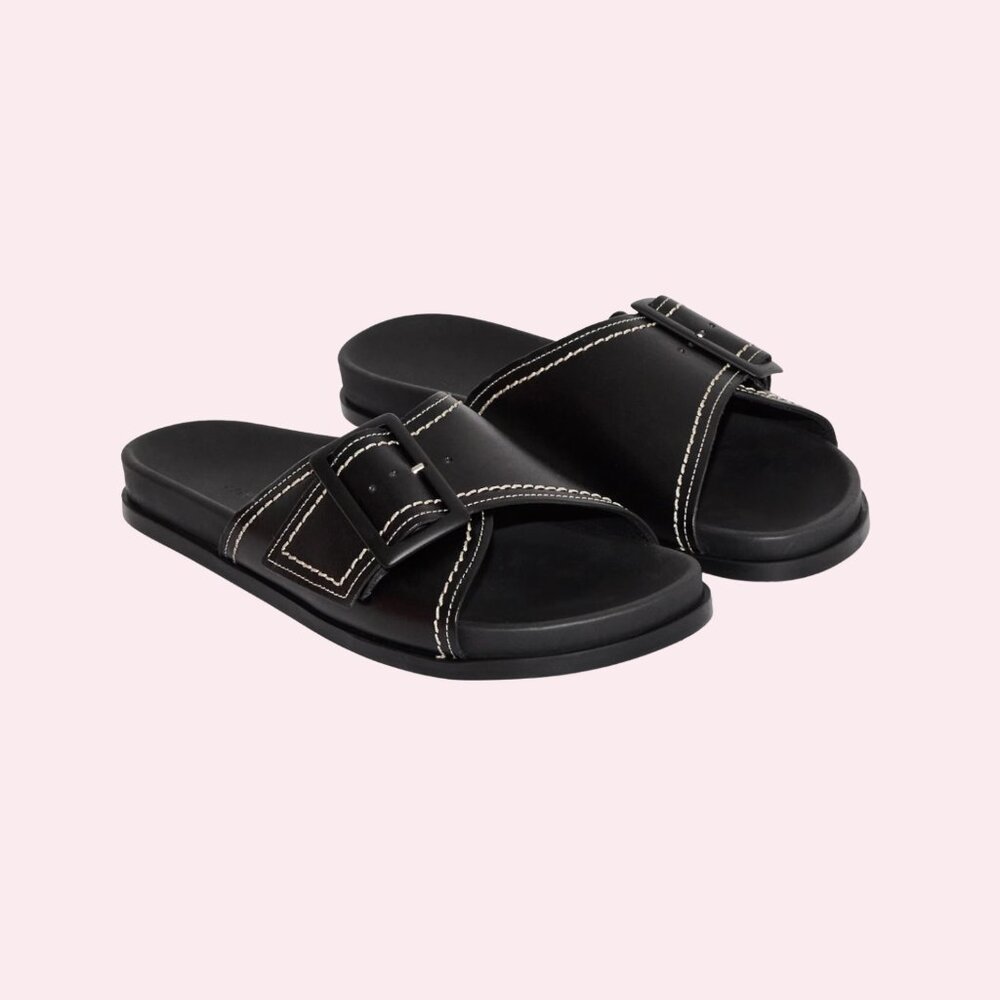COS Contrast-Stitch Buckled Leather Slides